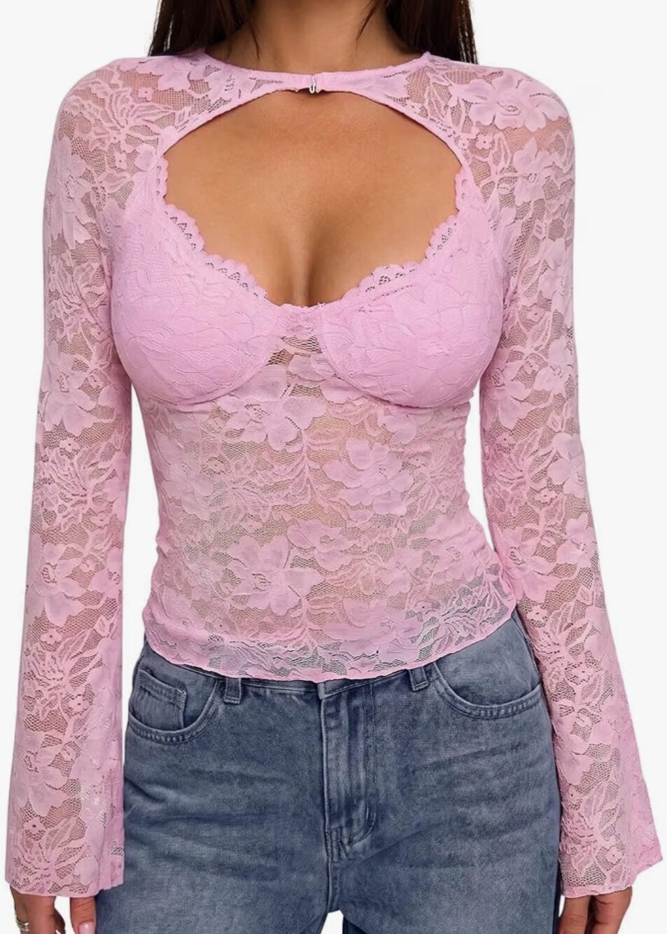 Pink Floral Lace Y2K Sexy Cutout Bell Sleeve Going Out Top Medium NWT